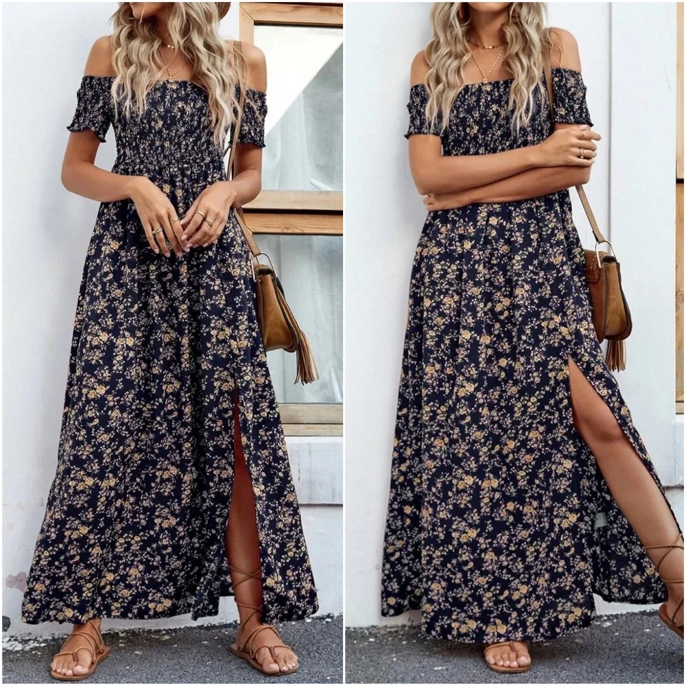 Boho Floral Print Off Shoulder Maxi Dress - Picture 2 of 8